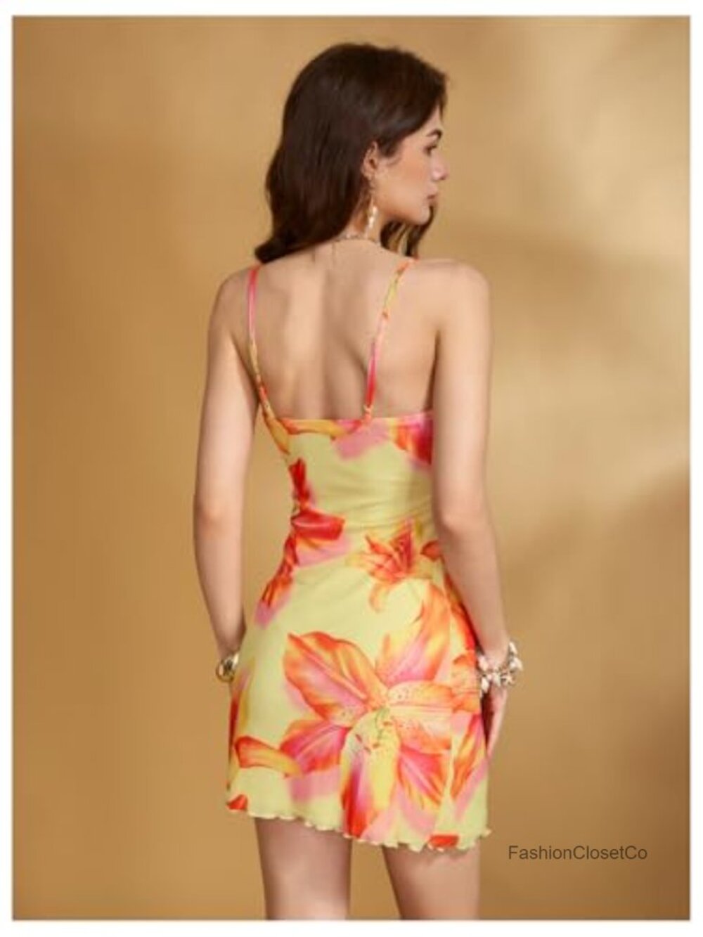 Spaghetti Strap Cowl Neck Satin Mini Dress - Tropical Print - Picture 2 of 6